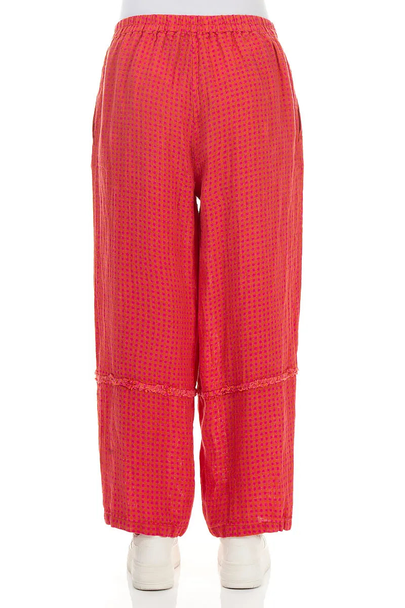 Straight Back Seam Pink Orange Check Linen Trousers 2