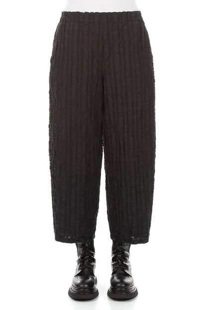 Straight Black Checkered Linen Cotton Trousers