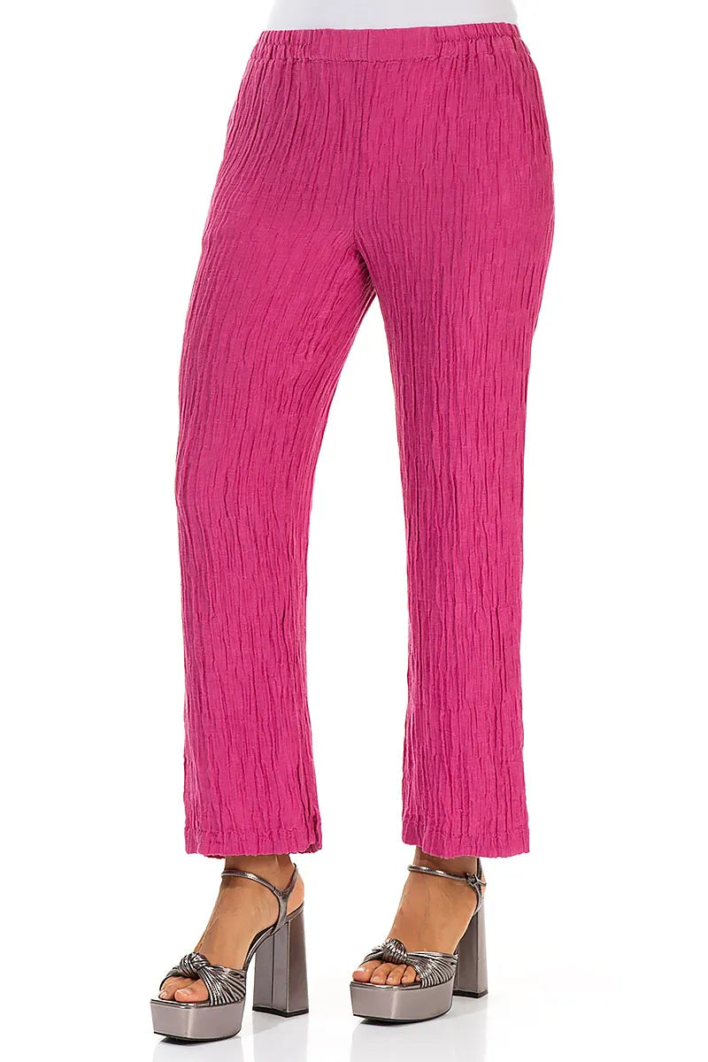 Straight Crinkled Fuchsia Silk Trousers 3
