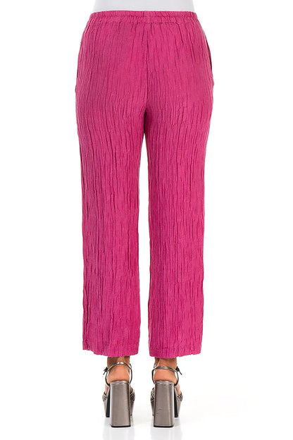 Straight Crinkled Fuchsia Silk Trousers 2