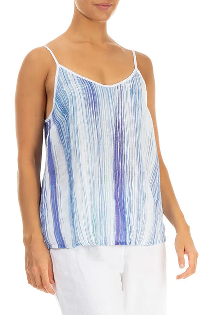 Strappy Blue Wash Stripe Linen Camisole Top 3