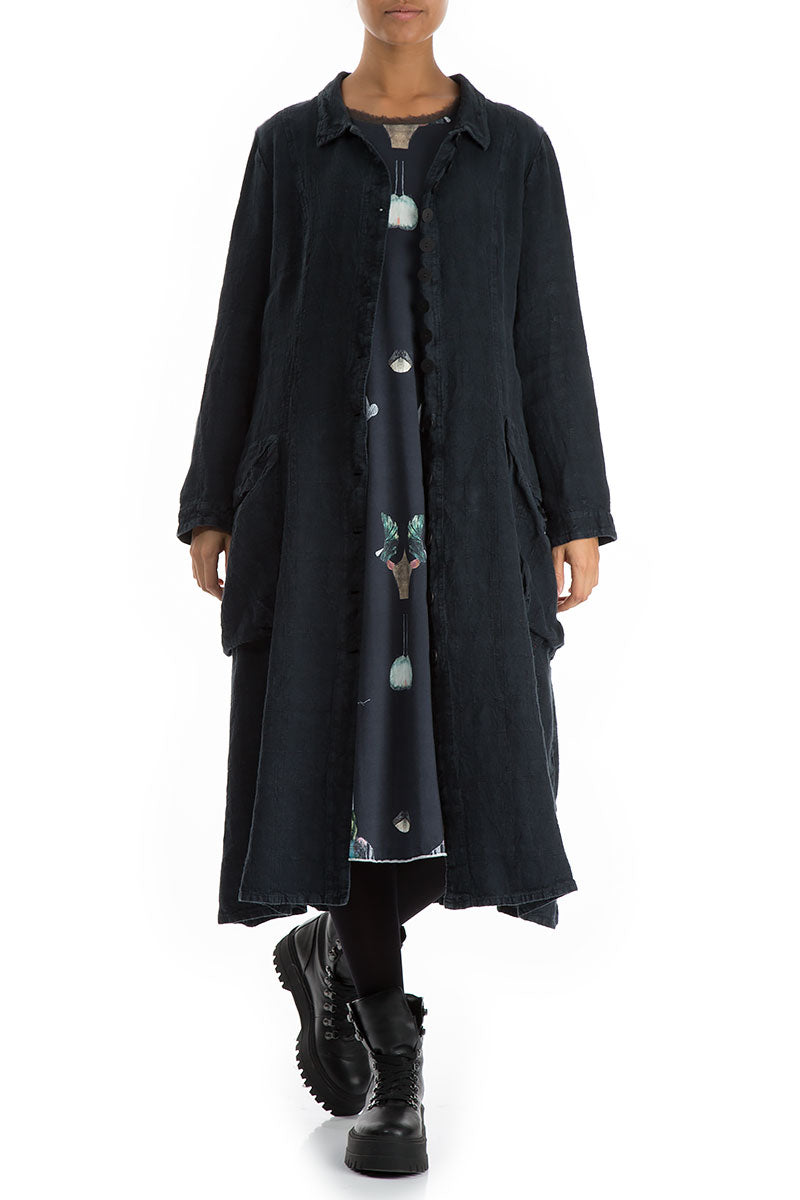 Stylish Long Peacock Blue Patterned Linen Jacket 4