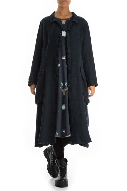 Stylish Long Peacock Blue Patterned Linen Jacket 4
