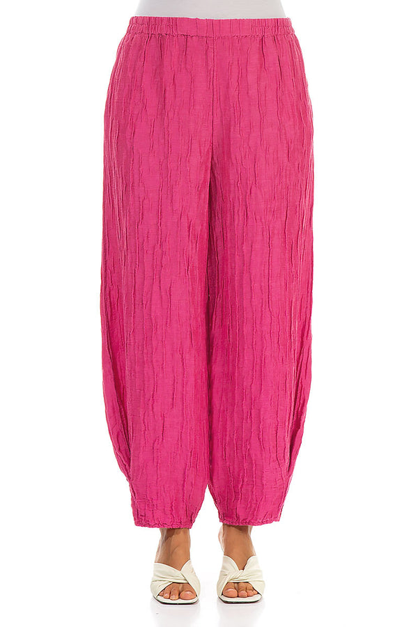 Tapered Barrel Fuchsia Crinkled Silk Linen Trousers 1