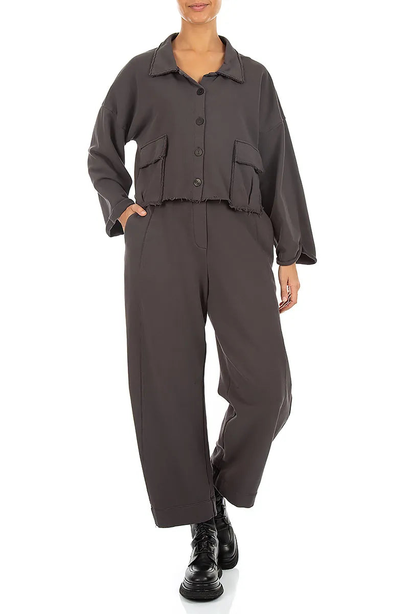 Tapered Charcoal French Terry Cotton Trousers 4
