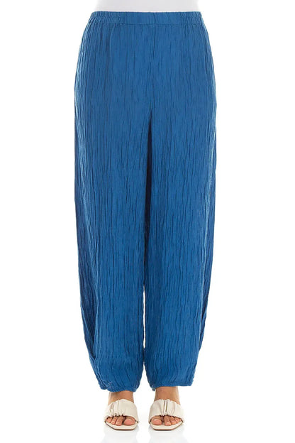 Tapered Cobalt Blue Crinkled Silk Trousers 1