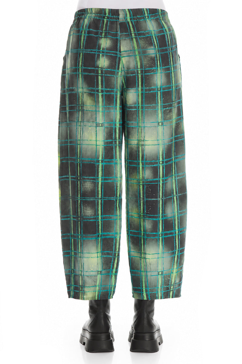 Tapered Emerald Grid Silk Linen Trousers 2