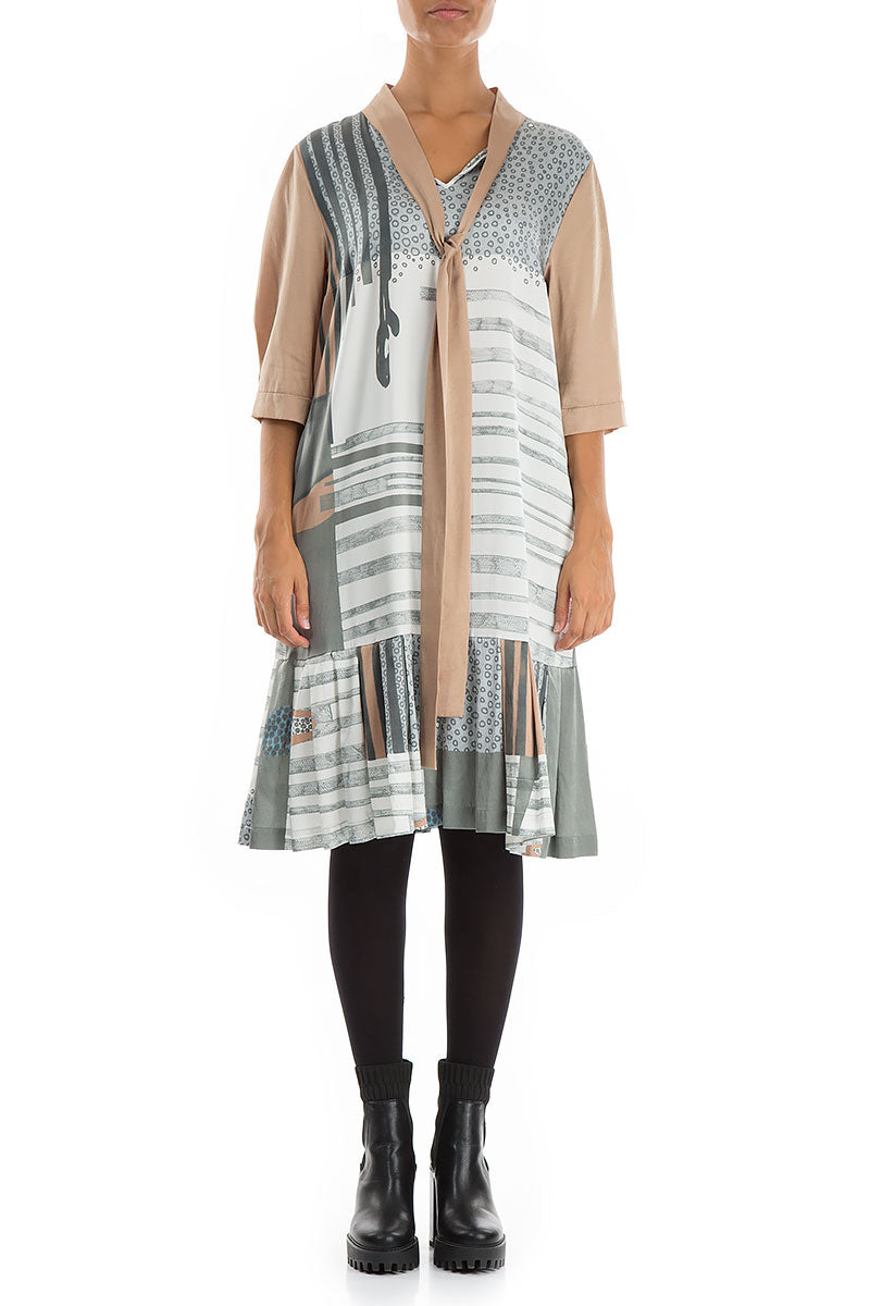 Tie Neck Modern Print Silk Dress 1