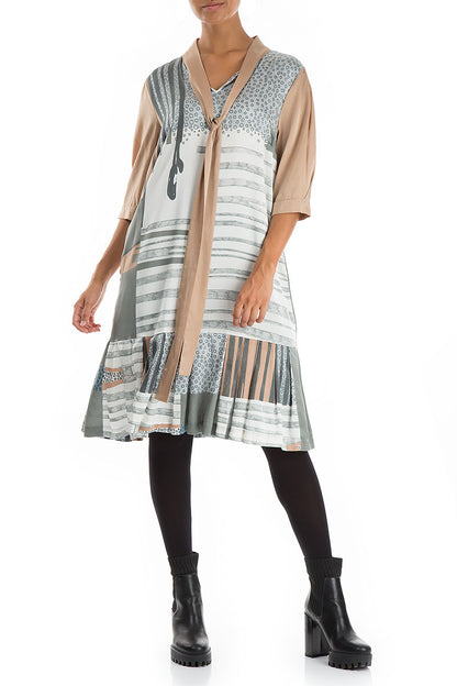 Tie Neck Modern Print Silk Dress