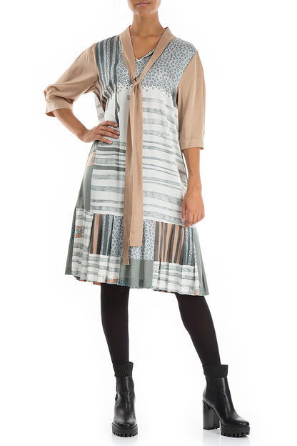 Tie Neck Modern Print Silk Dress