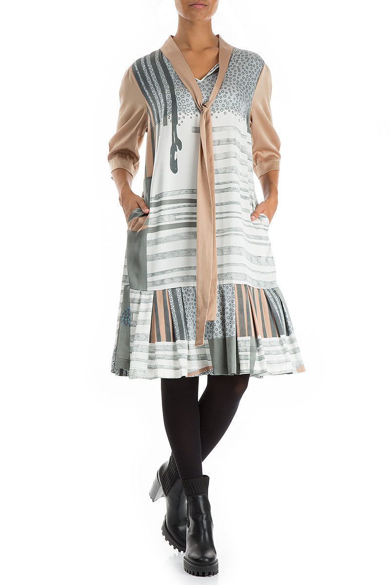 Tie Neck Modern Print Silk Dress