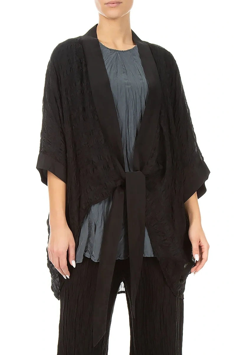 Tie Up Black Textured Silk Jacket 3