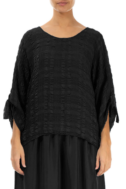 Tie Up Sleeves Black Light Silk Blouse 1