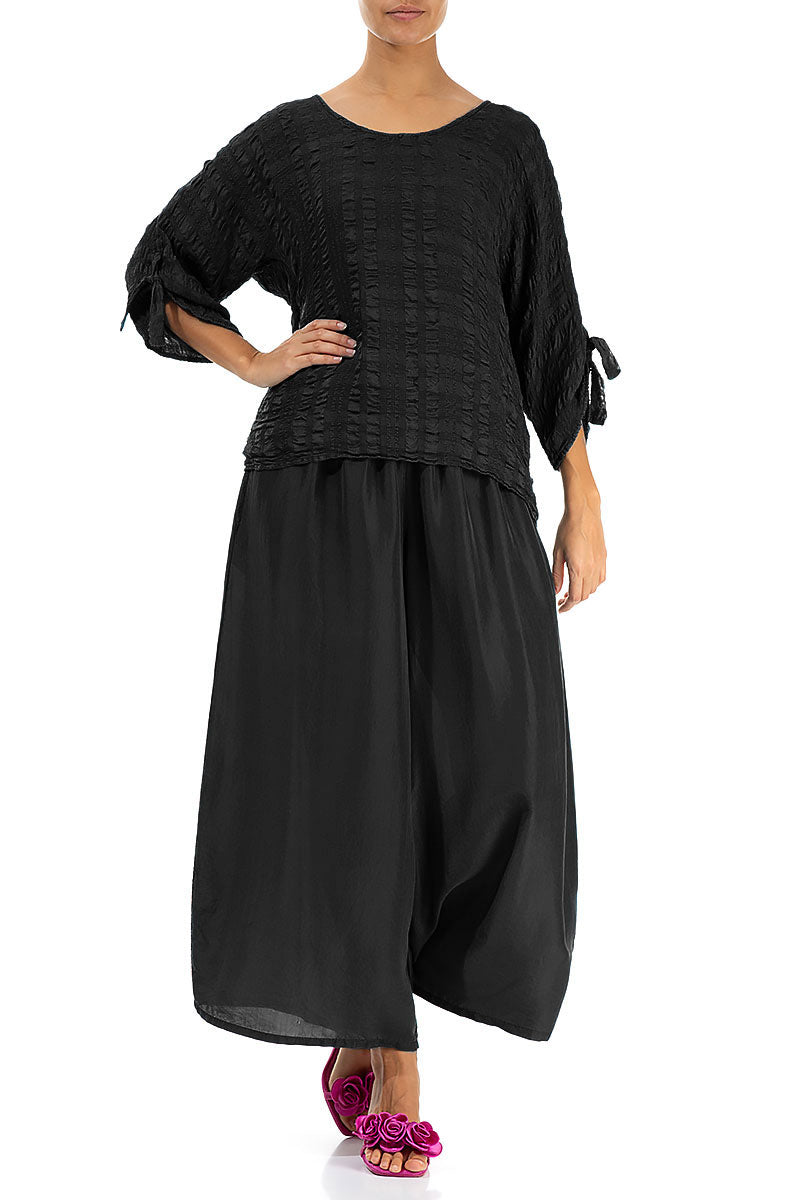 Tie Up Sleeves Black Light Silk Blouse 4