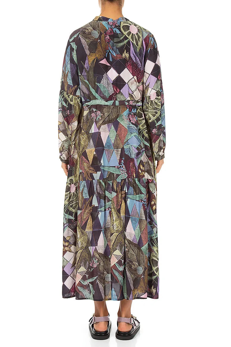 Tiered Tie Up Art Mosaic Silk Bamboo Dress 2