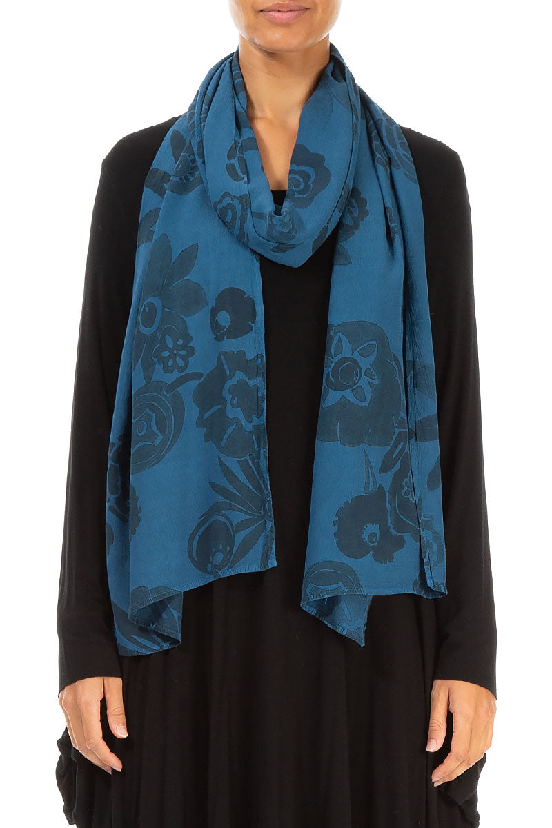 Turquoise Flowers Viscose Scarf 1