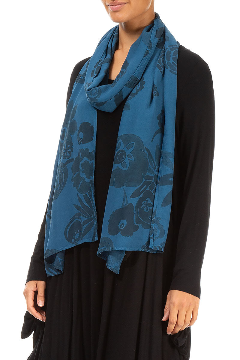 Turquoise Flowers Viscose Scarf 3