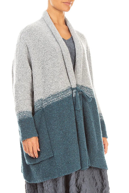 Two-Tone Teal Wool Cardigan 3