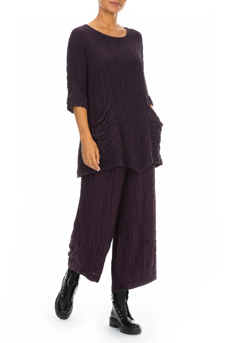 Two Pockets Crinkled Deep Plum Silk Linen Tunic 5