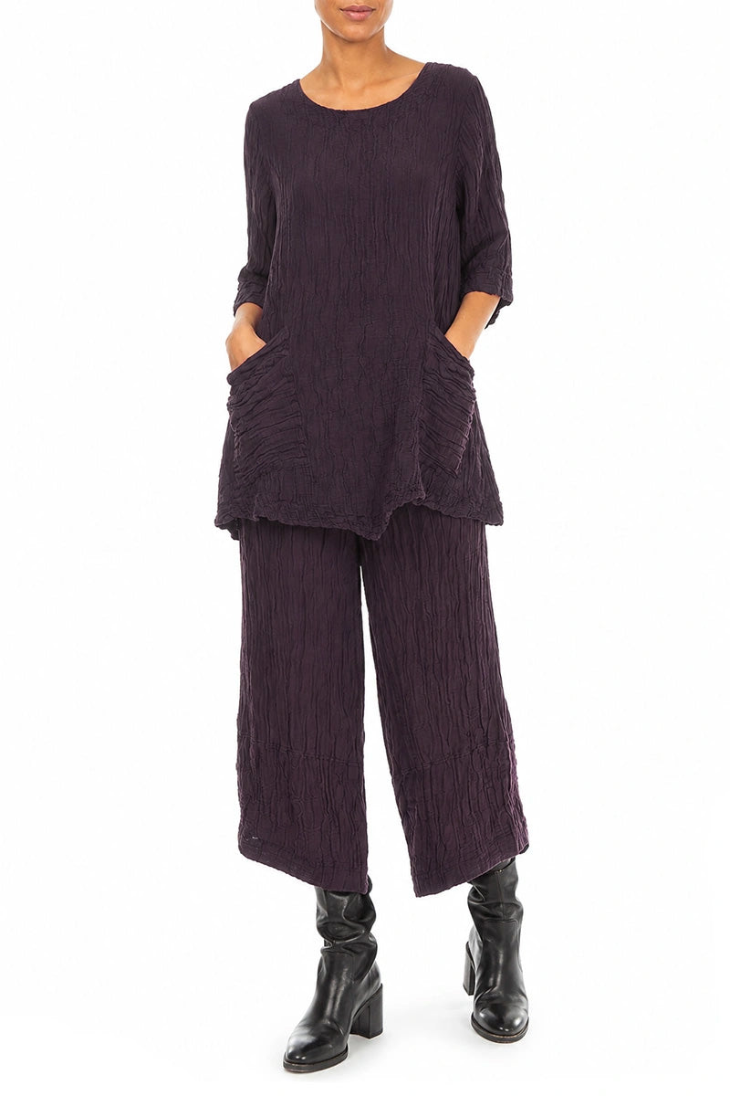 Two Pockets Crinkled Deep Plum Silk Linen Tunic 4