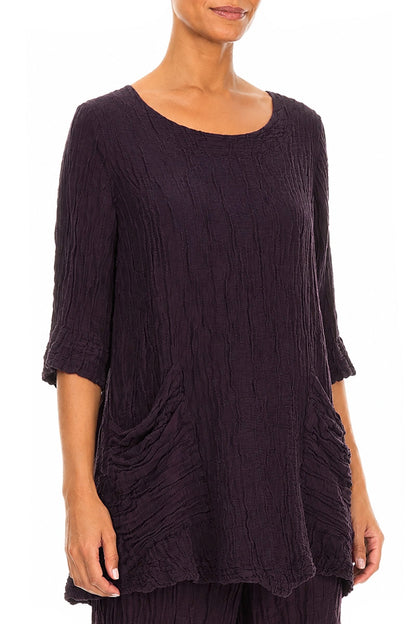 Two Pockets Crinkled Deep Plum Silk Linen Tunic 3