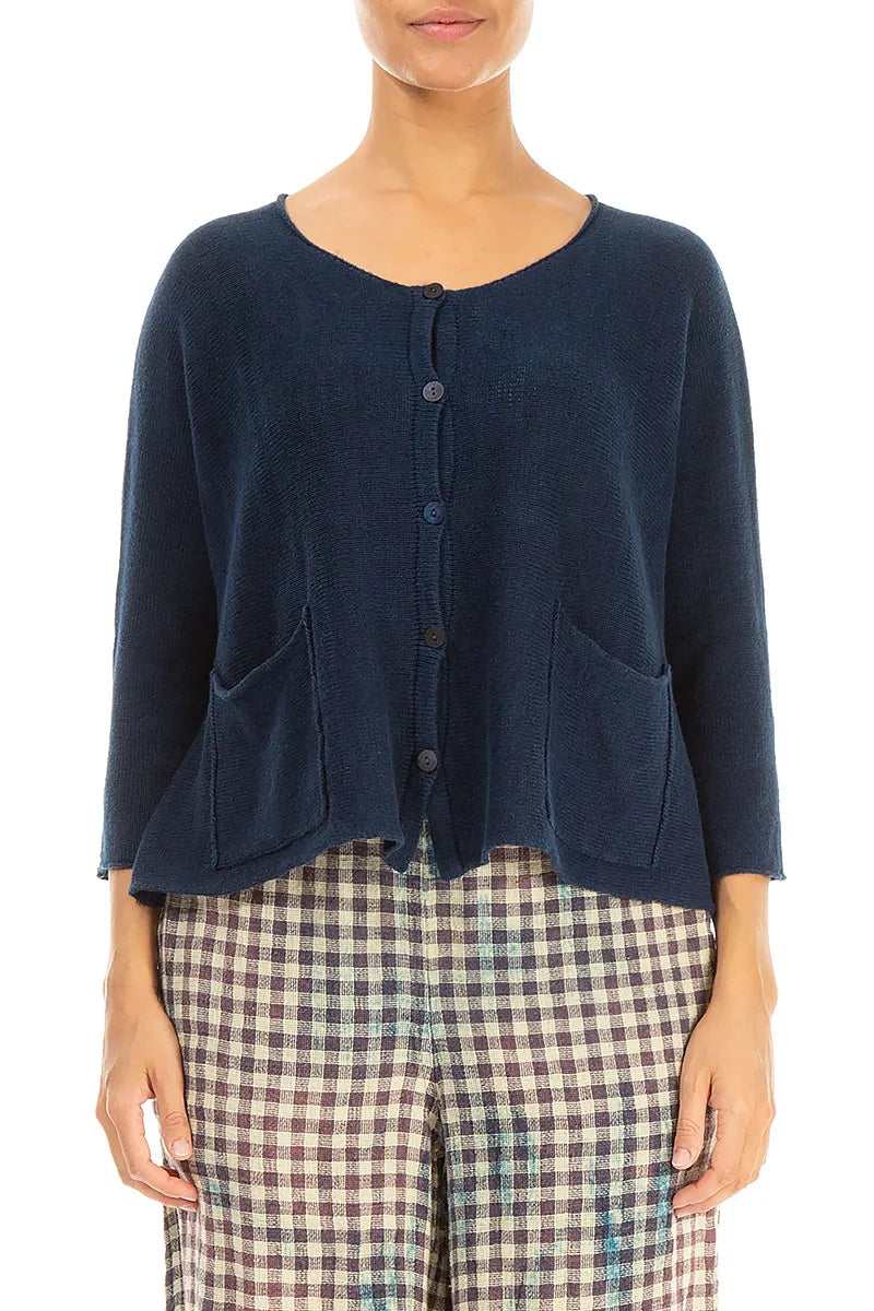 Two Pockets Navy Linen Cardigan 1