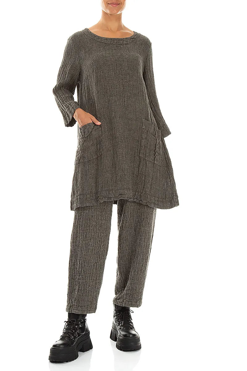 Two Pockets Olive Grey Mélange Linen Tunic