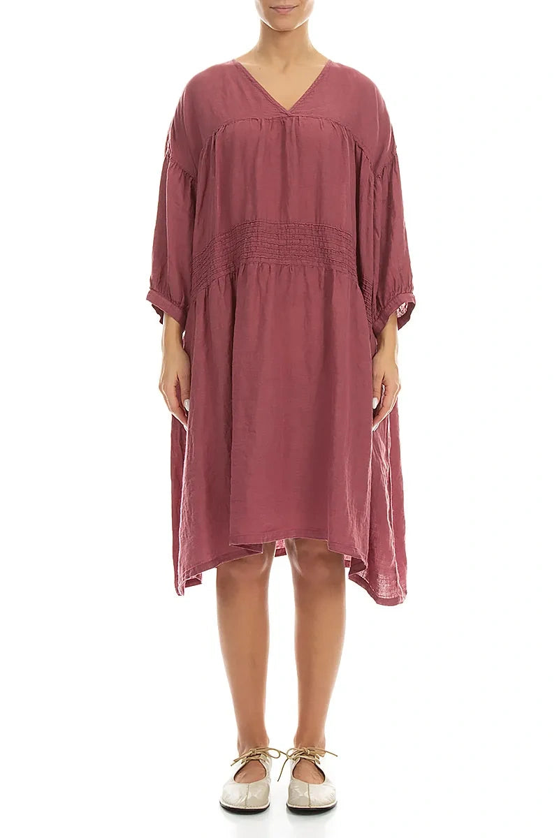 V-Neck Antique Ruby Pintuck Linen Dress 1