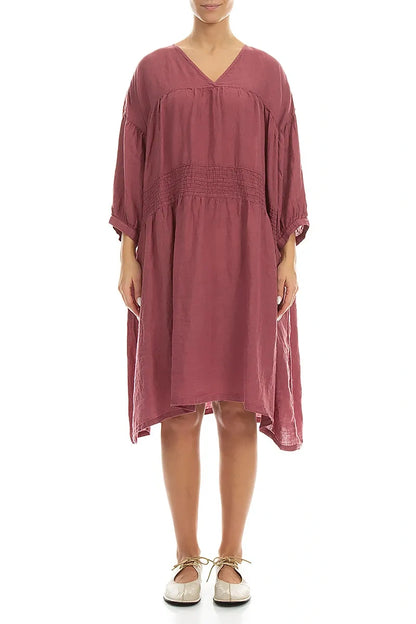 V-Neck Antique Ruby Pintuck Linen Dress 1