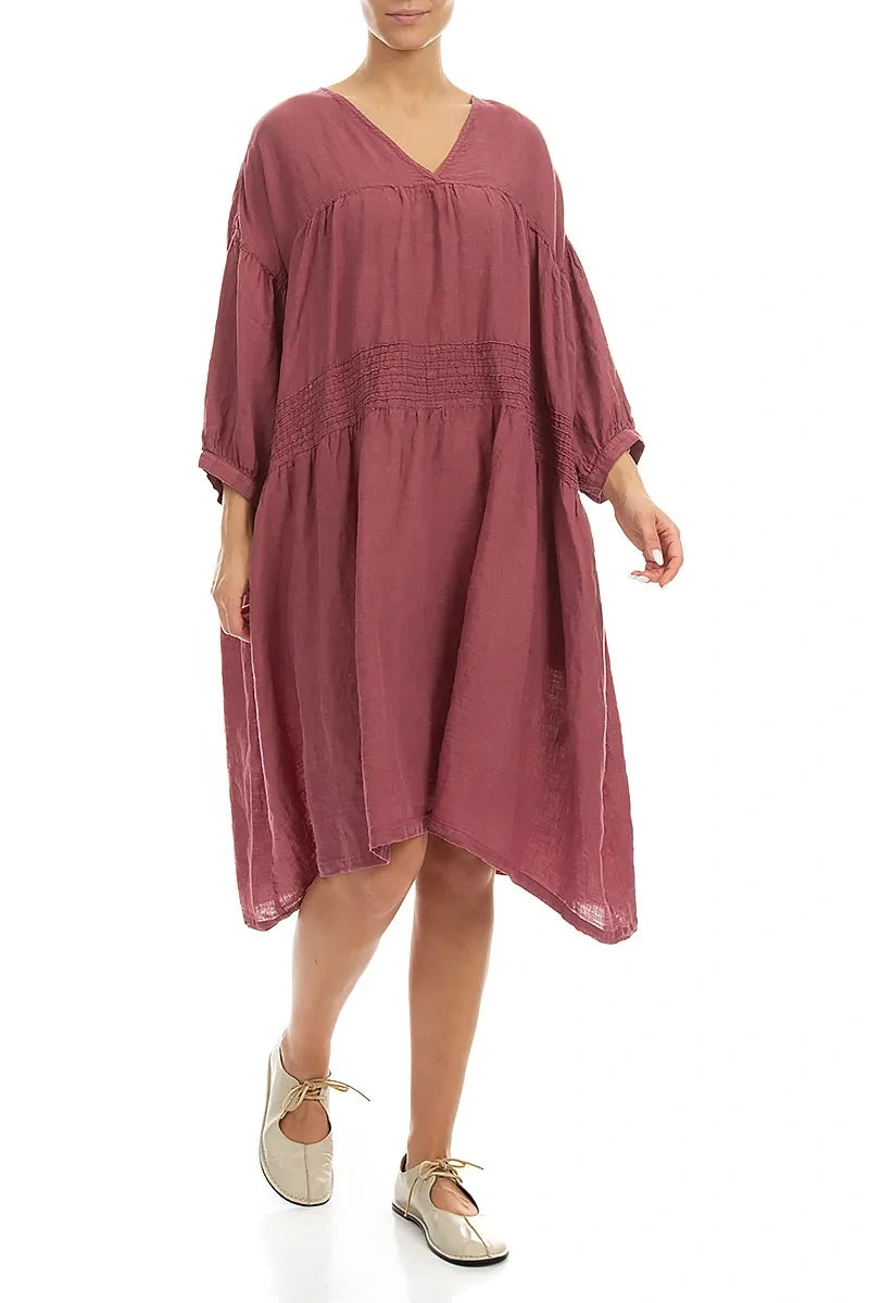 V-Neck Antique Ruby Pintuck Linen Dress 3
