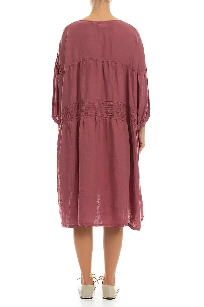 V-Neck Antique Ruby Pintuck Linen Dress 2