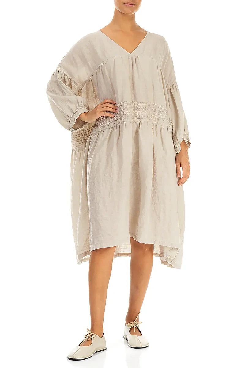 V-Neck Beige Pintuck Linen Dress 5