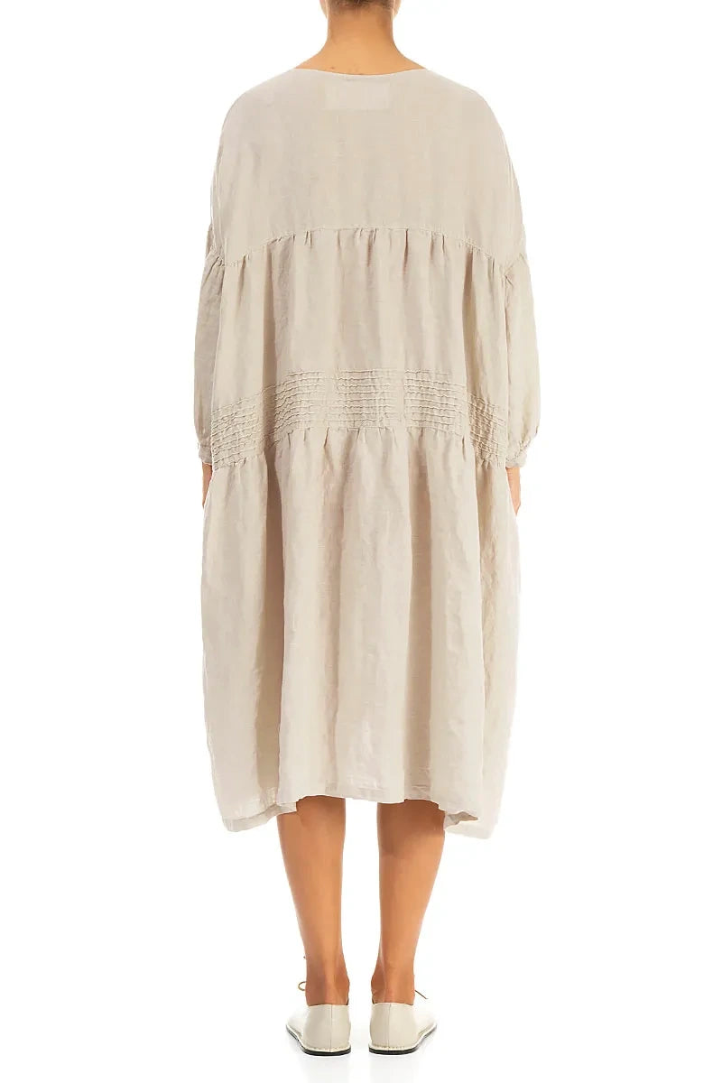 V-Neck Beige Pintuck Linen Dress 3