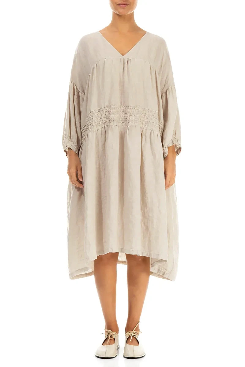 V-Neck Beige Pintuck Linen Dress 2
