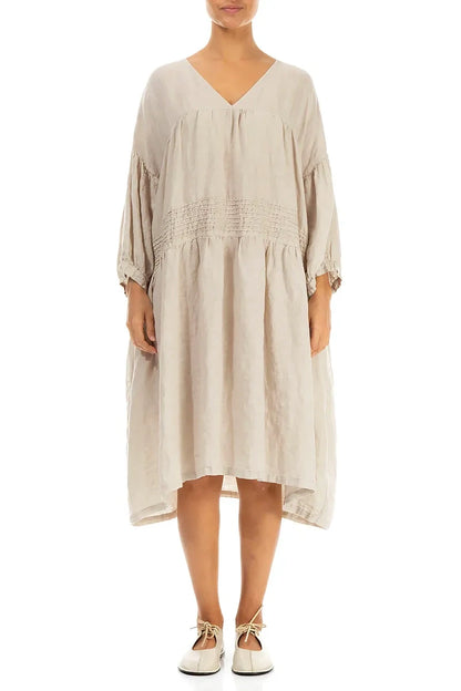 V-Neck Beige Pintuck Linen Dress 2