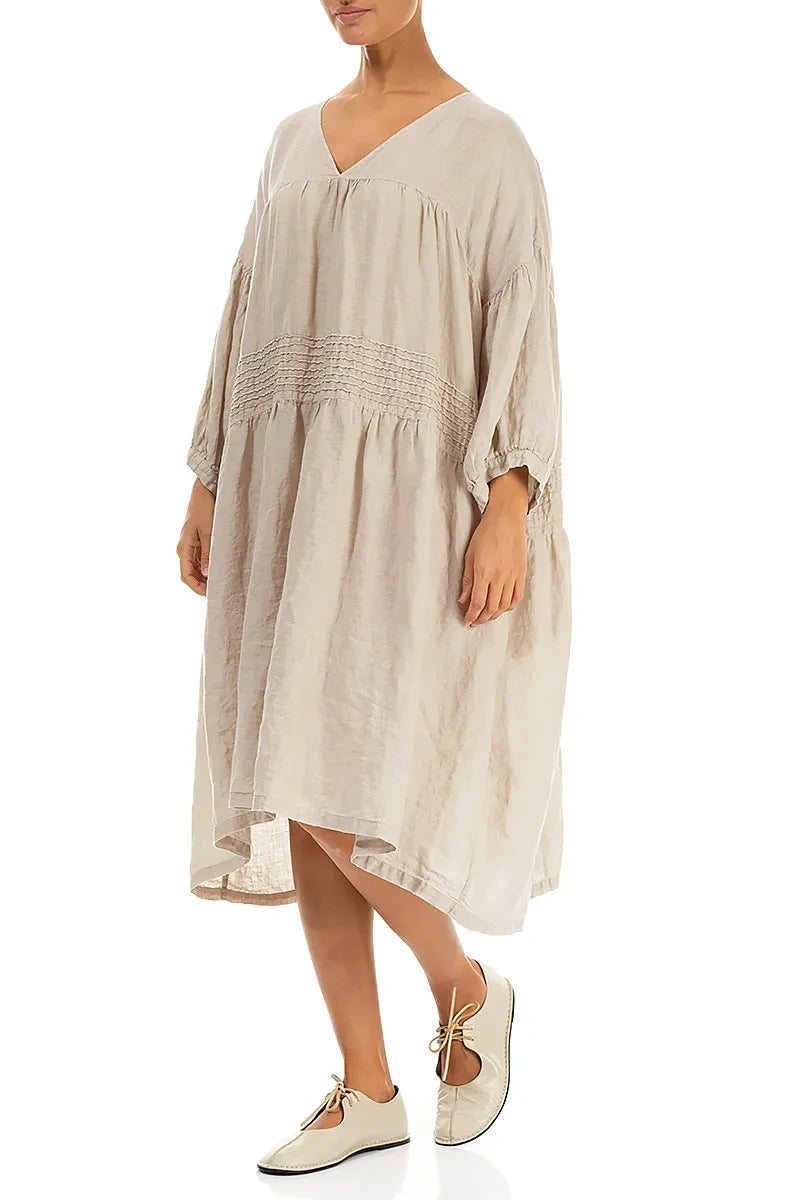 V-Neck Beige Pintuck Linen Dress 4