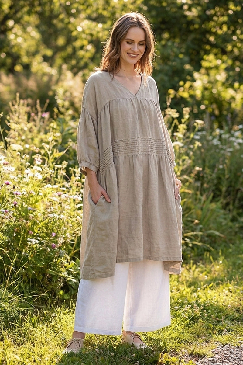 V-Neck Beige Pintuck Linen Dress 1