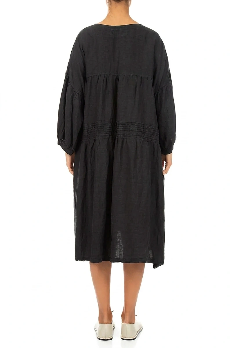 V-Neck Black Pintuck Linen Dress 2