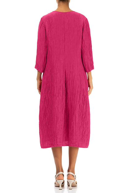 V-Neck Crinkled Fuchsia Silk Linen Dress 2