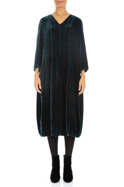 Robe en Velours de Soie Turquoise profond à col en V