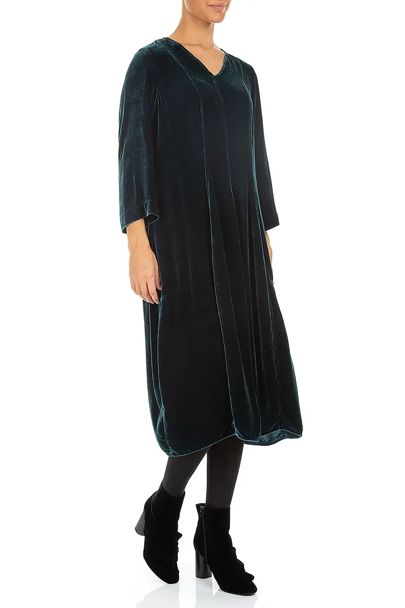 Robe en Velours de Soie Turquoise profond à col en V