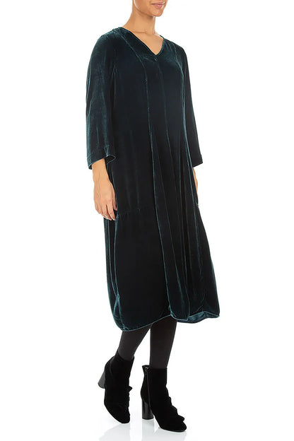 Robe en Velours de Soie Turquoise profond à col en V
