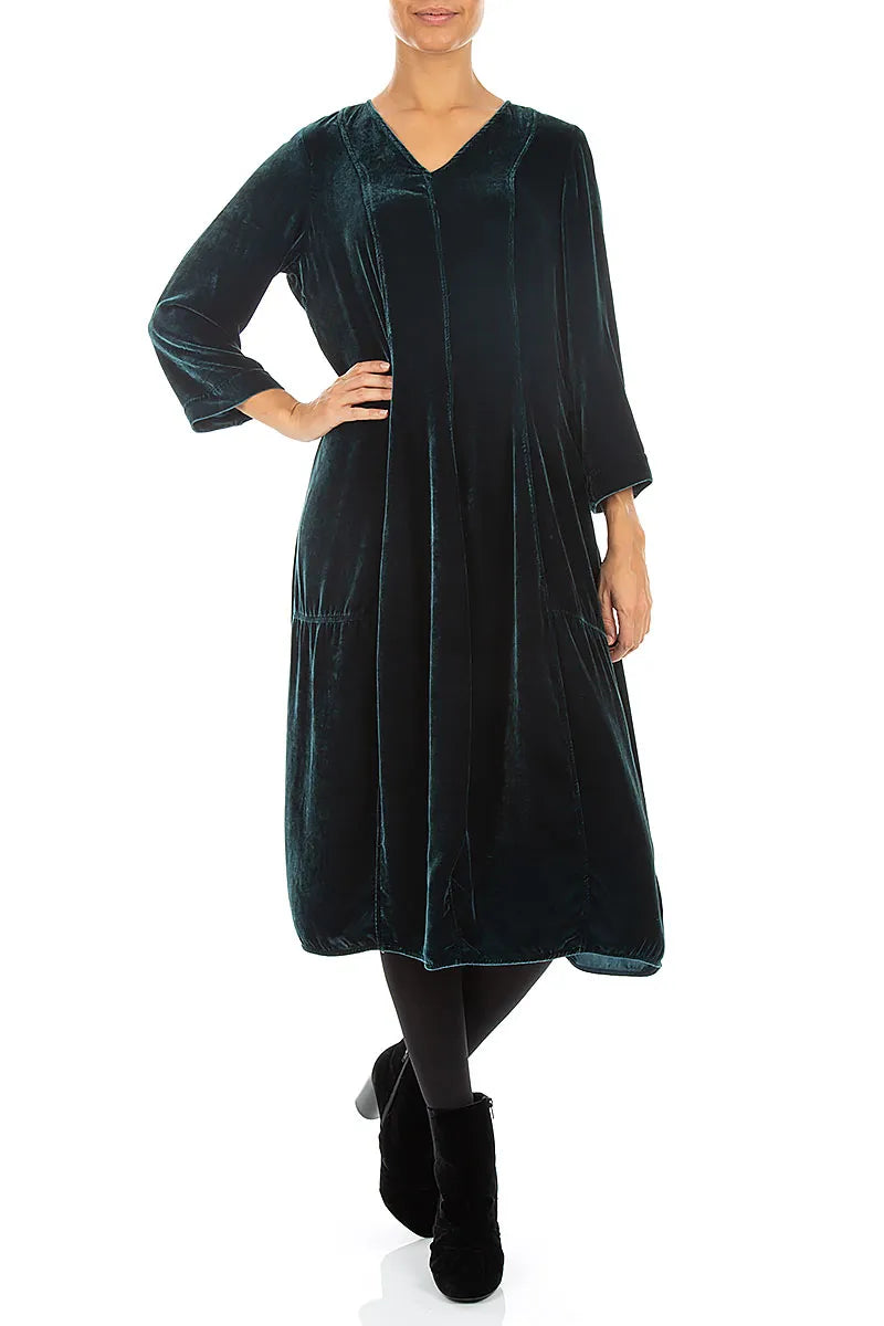 Robe en Velours de Soie Turquoise profond à col en V