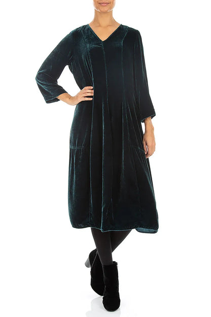 Robe en Velours de Soie Turquoise profond à col en V