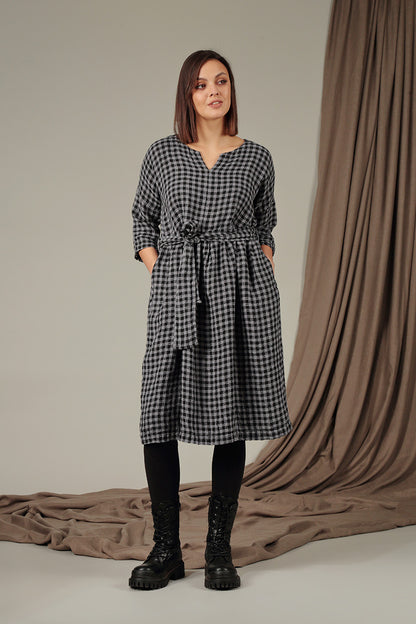 V-Neck Grey Check Linen Dress 6