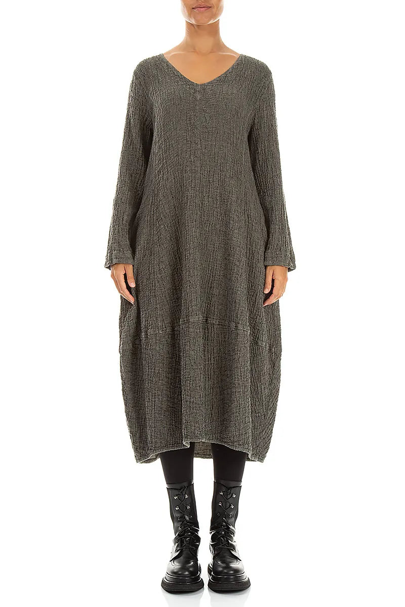 V-Neck Olive Grey Textured Linen Dress 1