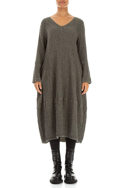 V-Neck Olive Grey Textured Linen Dress 1
