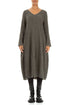 V-Neck Olive Grey Textured Linen Dress 1