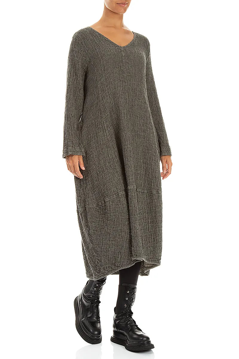 V-Neck Olive Grey Textured Linen Dress 3