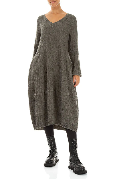 V-Neck Olive Grey Textured Linen Dress 4